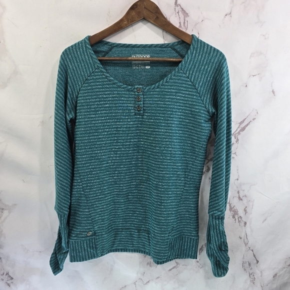 Outdoor Research Shirt Womens Small Green Striped Mikayla Henley Ruched Seamless - Picture 1 of 11